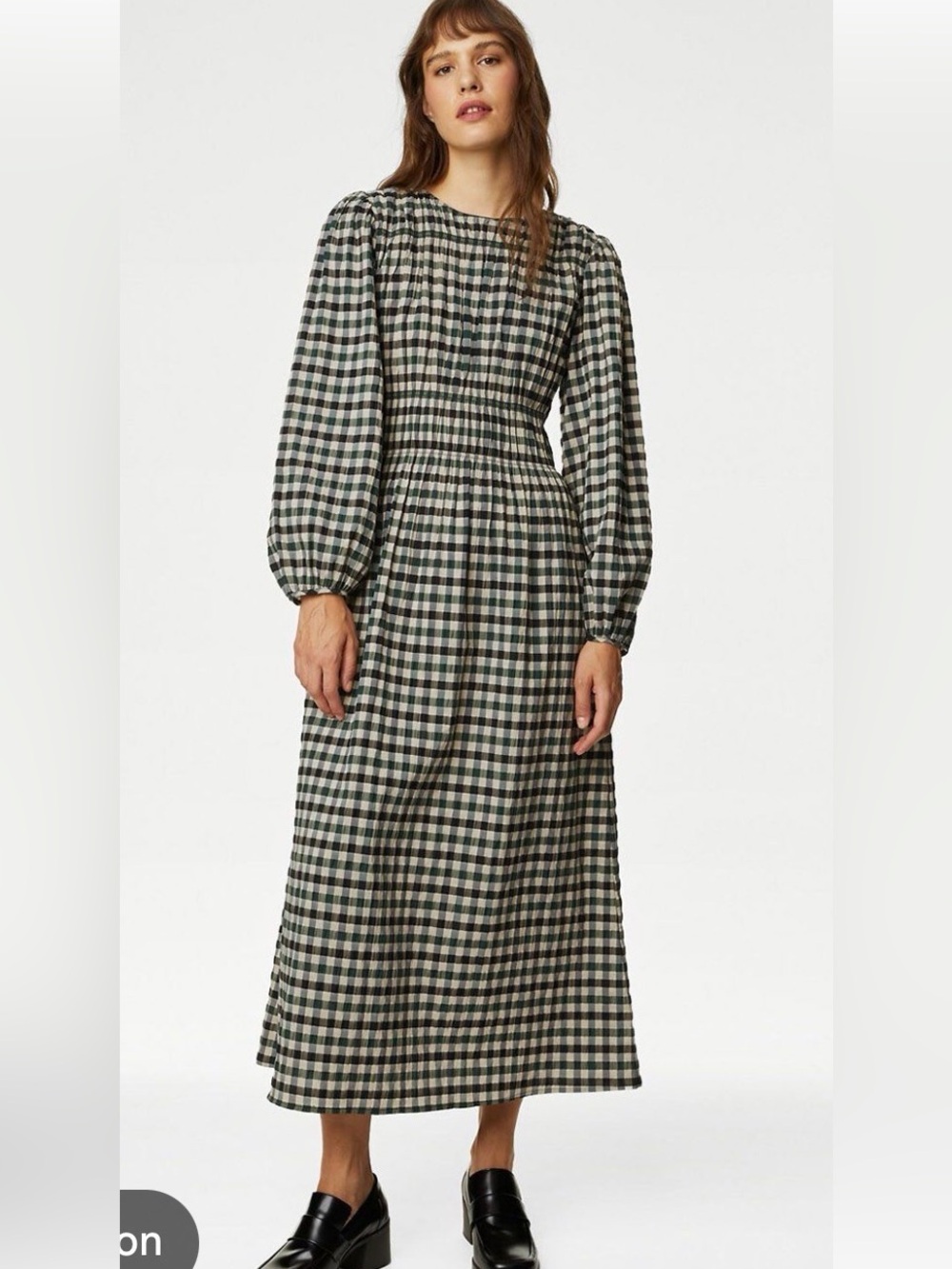 Marks & Spencer Black and Cream Checked Long Sleeve Midi Dress